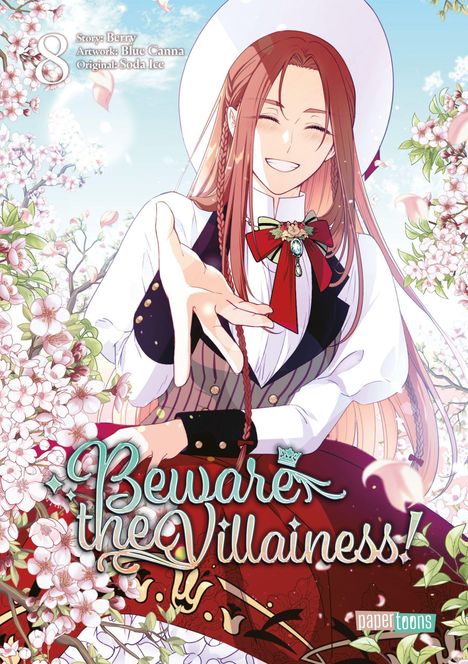 Text: "Beware the Villainess!", dekorative Schrift. Illustration einer lächelnden Person in eleganter Kleidung, umgeben von Blüten.