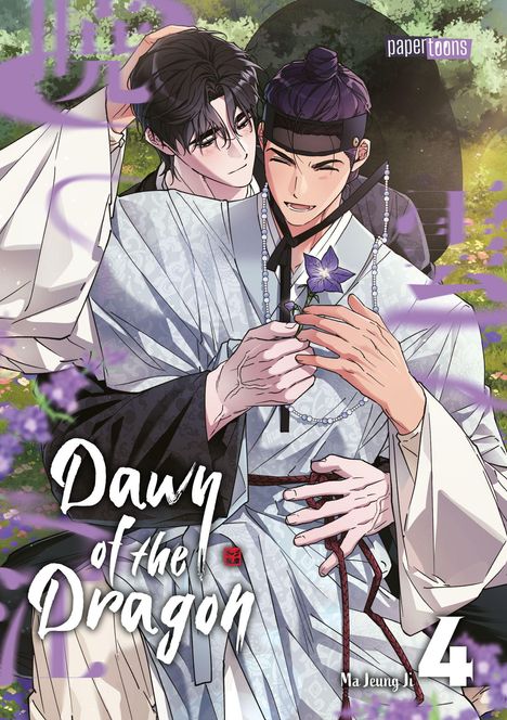 „Dawn of the Dragon“, „paper toons“, „Ma Jeung Li“. Zwei Personen in traditioneller asiatischer Kleidung mit Blumen.
