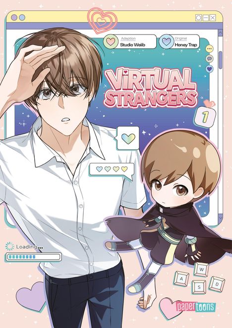 "Virtual Strangers", Adaption "Studio Weiib", Original "Honey Trap". Illustration von zwei Figuren, eine realistisch, eine chibi.
