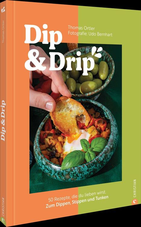 „Dip & Drip“ Buch von Thomas Ortler, Fotografie: Udo Bernhart. Teller mit Oliven und Brot, Basilikumblatt.