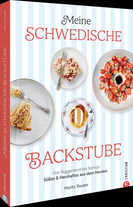"Meine Schwedische Backstube" von Moritz Reuter; Fotos von Gebäck auf gestreiftem Hintergrund.