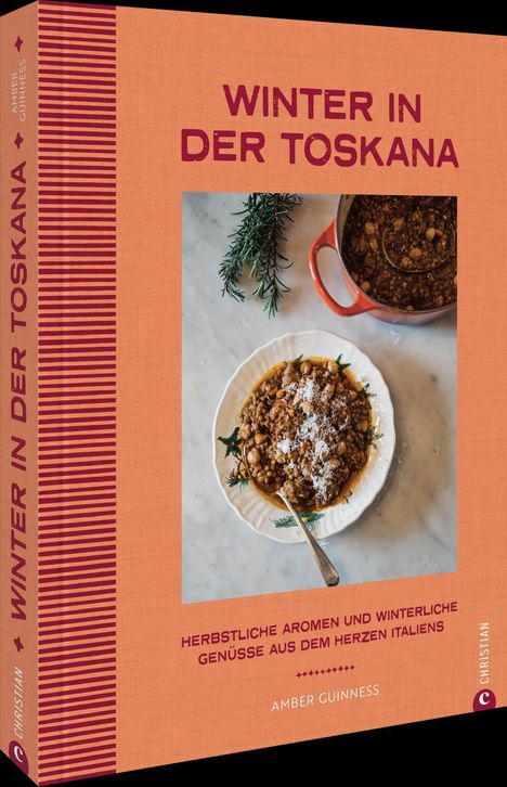 "Winter in der Toskana" in roter Schrift auf orange. Ein Teller mit Eintopf und Rosmarinzweigen daneben.