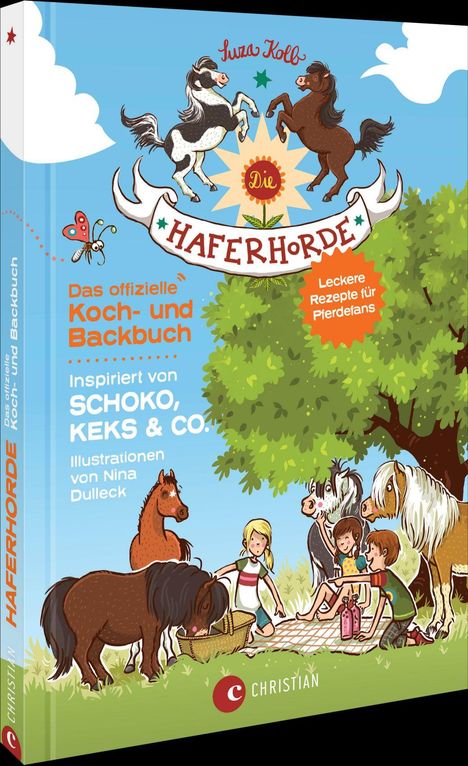 Das offizielle Koch- und Backbuch, inspiriert von Schoko, Keks & Co. Illustration mit spielenden Ponys und Kindern.