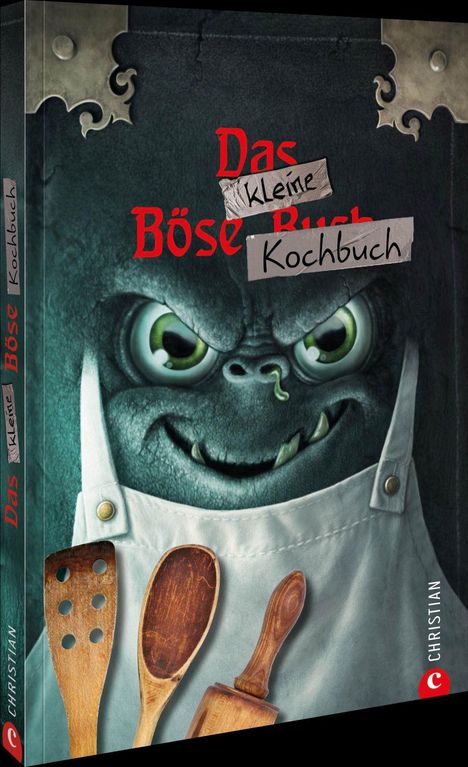 „Das kleine Böse Kochbuch“ auf Zettel; grimmig lächelndes Monster, Kochlöffel und Schürze.