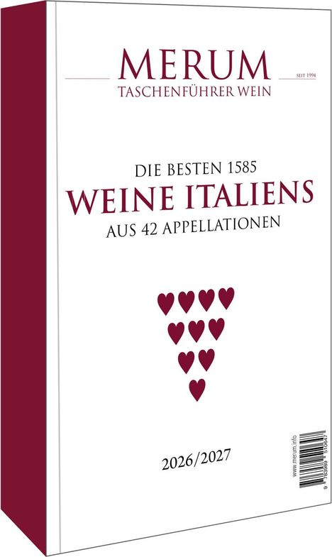MERUM Taschenführer Wein: Die besten 1585 Weine Italiens aus 42 Appellationen. Herzen formen eine Traube. 2026/2027.