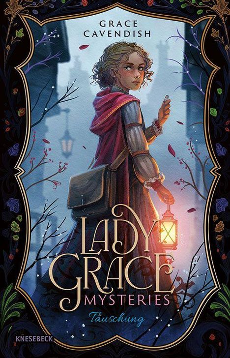 Titel: "Lady Grace Mysteries - Täuschung". Illustration: Junge Frau mit Laterne, Herbstlaub, verzierten Rahmen.