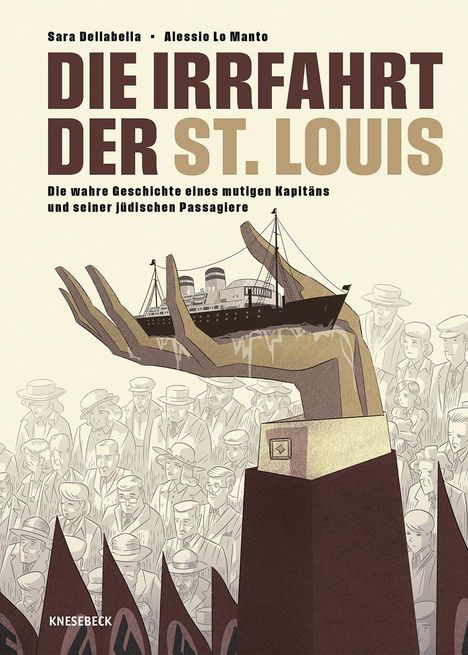 Titel: "Die Irrfahrt der St. Louis". Illustration: Schiff in großen Händen, umgeben von gezeichneten Passagieren.
