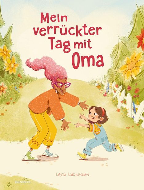 "Mein verrückter Tag mit Oma" – Fröhliche Illustration einer Oma und eines Kindes, die aufeinander zulaufen.