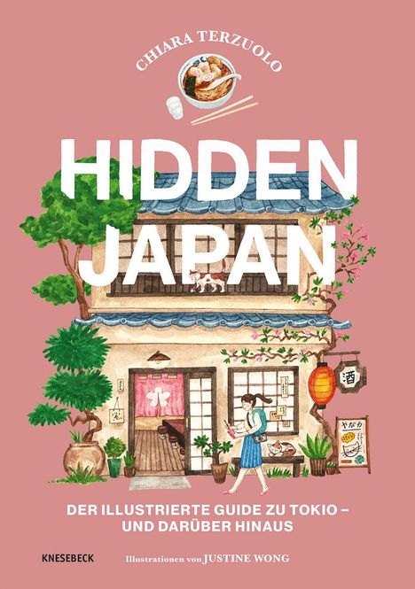 "HIDDEN JAPAN" - Der illustrierte Guide zu Tokio. Illustration eines traditionellen japanischen Hauses mit Bäumen und einer Person.