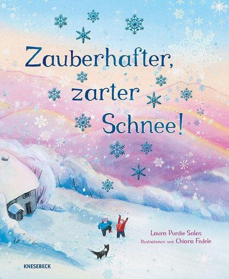 „Zauberhafter, zarter Schnee!“ Illustration: Winterlandschaft mit Haus, Figuren spielen im Schnee, bunte Abenddämmerung.