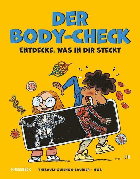 "Der Body-Check: Entdecke, was in dir steckt." Zwei Kinder mit Röntgenbild ihrer Körper. Bunte, fröhliche Illustration.