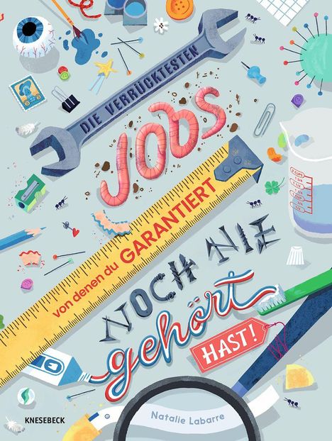 „Die verrücktesten Jobs, von denen du garantiert noch nie gehört hast!“ Bunte Illustrationen von Werkzeug und Objekten.