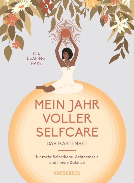 „Mein Jahr voller Selfcare“ oben, Frau meditiert mit Sonne, Blumenrahmen.