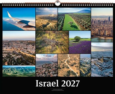 "Israel 2027" steht zentral darunter, umgeben von vielfältigen Landschafts- und Stadtbildern; Flugzeugflügel, Felder, Küstenlinie.