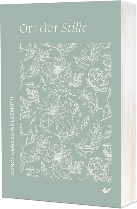 "Ort der Stille" und "NANCY DEMOSS WOLGEMUTH". Abgebildet sind weiße Blumenzeichnungen auf grünem Hintergrund.