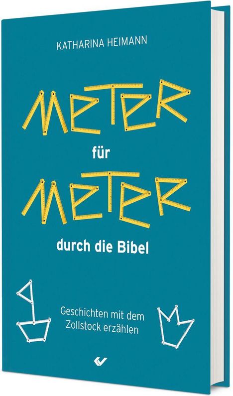 „METER für METER durch die Bibel“ oben, „Geschichten mit dem Zollstock erzählen“ unten. Zollstock-Illustrationen.