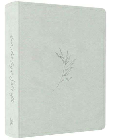 "die heilige Schrift" steht senkrecht auf dem Rücken. Auf der Vorderseite ist eine feine Zeichnung eines Blattes.