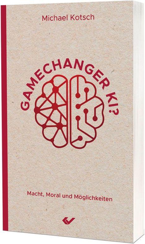 "GAMECHANGER KI? Macht, Moral und Möglichkeiten." Illustration eines Gehirns in zwei Hälften. Autor: Michael Kotsch.
