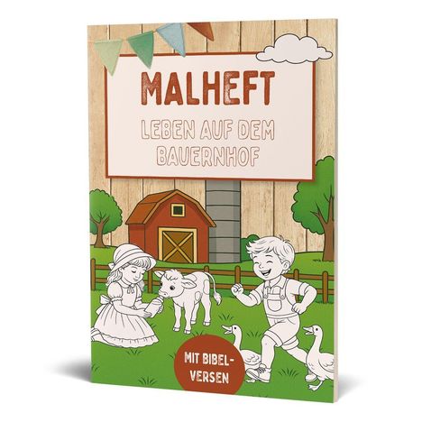 Der Text lautet: „MALHEFT: LEBEN AUF DEM BAUERNHOF. MIT BIBELVERSEN.“ Illustration von Kindern, Tieren und einer Scheune.