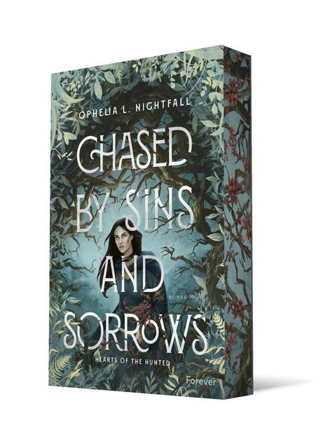 "Chased by Sins and Sorrows" von Ophelia L. Nightfall. Eine Illustration: Frau in düsterem Wald, umgeben von Ästen.