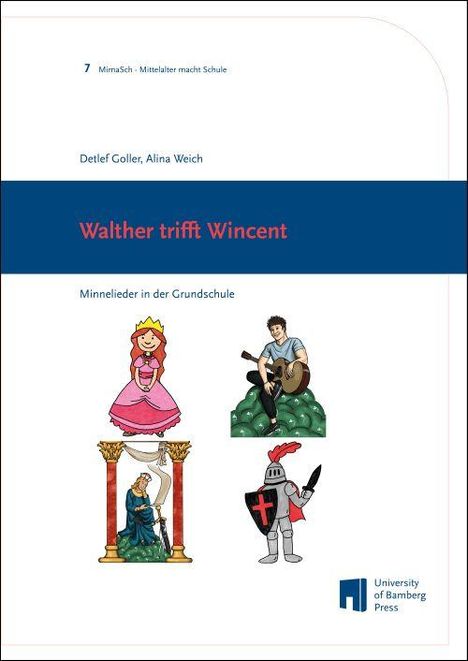 Text: "Walther trifft Wincent", "Minne­lieder in der Grundschule", "University of Bamberg Press". 
Oben Grafiken einer Prinzessin und eines Ritters mit Gitarre.