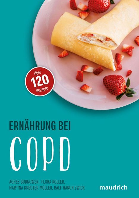 „Ernährung bei COPD: Über 120 Rezepte“. Teller mit gefülltem Pfannkuchen und Erdbeeren.