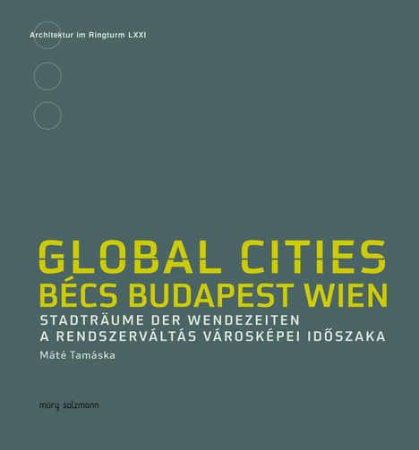 Text: "GLOBAL CITIES BÉCS BUDAPEST WIEN. STADTRÄUME DER WENDEZEITEN." Dunkelgrüner Hintergrund, minimalistisches Design.