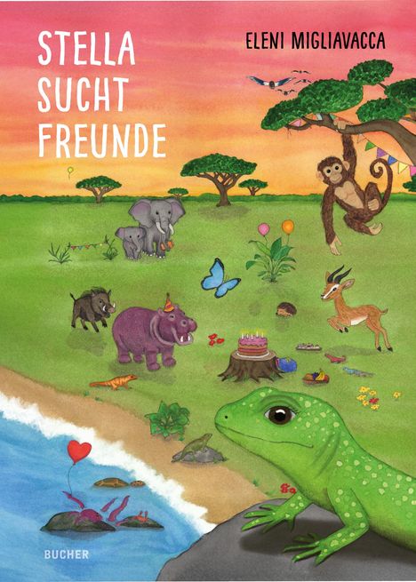 Buchtitel oben links: "Stella sucht Freunde". Name der Autorin oben rechts: "Eleni Migliavacca". Illustrationen von Tieren auf einer Wiese.