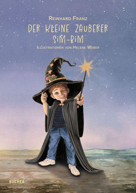 Oben steht: "Reinhard Franz, Der kleine Zauberer Sim-Bim, Illustrationen von Helene Weber". Ein Junge zaubert mit Sternstab.