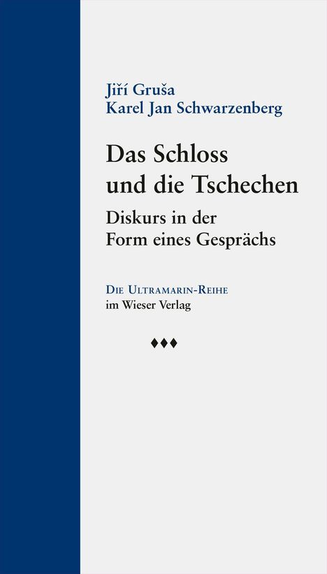 „Das Schloss und die Tschechen“ von Jiří Gruša und Karel Jan Schwarzenberg, Wieser Verlag, blau-weißes Buchcover.