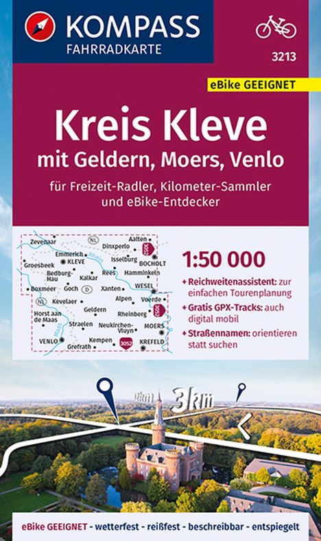 KOMPASS Fahrradkarte 3213 Kreis Kleve mit Geldern, Moers, Venl 1:50.000, Karten
