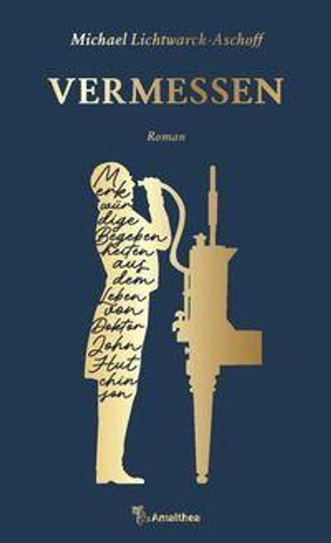 Titel: "VERMESSEN", Autor: Michael Lichwarck-Aschoff. Silhouette einer Person mit gezeichnetem Text, daneben eine Maschine.