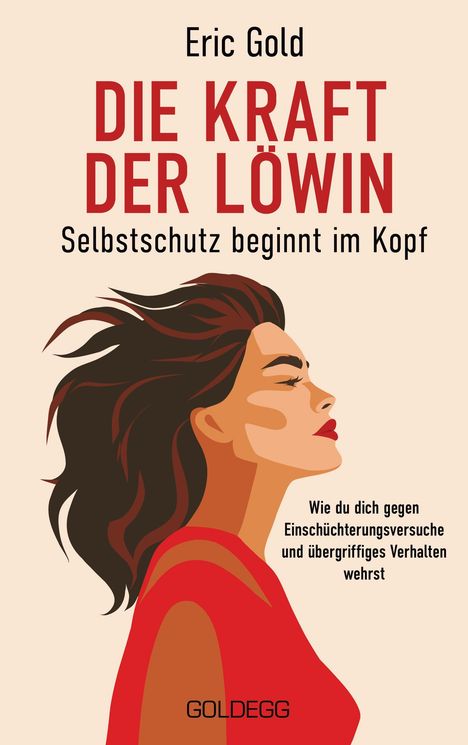 Titel: "DIE KRAFT DER LÖWIN".
Darunter eine Illustration einer Frau im Profil mit fließendem Haar.