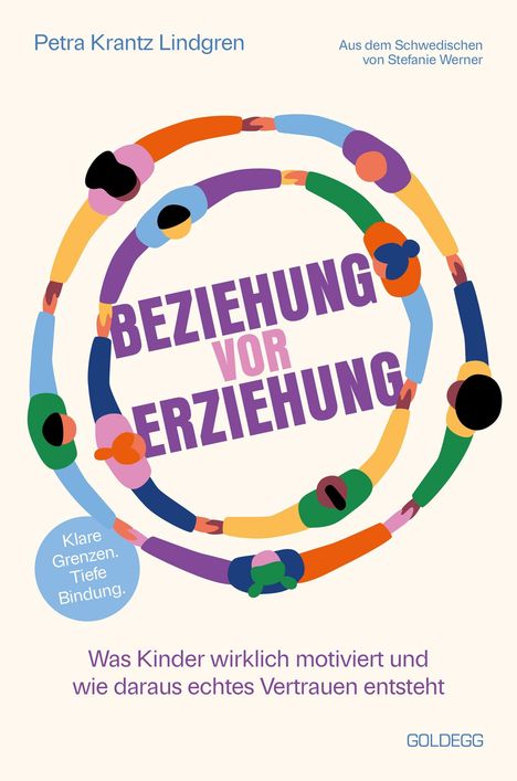 "Beziehung vor Erziehung" steht in einem Kreis bunter Figuren. Klare Grenzen, tiefe Bindung. Goldegg Verlag.