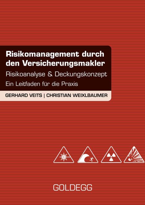Text: Risikomanagement durch den Versicherungsmakler. Unten sind vier Warnsymbole und das Wort "Goldegg".