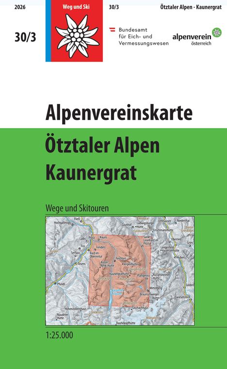 Alpenvereinskarte Ötztaler Alpen Kaunergrat, Wege und Skitouren, Maßstab 1:25.000, Logo einer weißen Blume auf rotem Hintergrund.