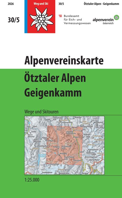 Alpenvereinskarte, Ötztaler Alpen, Geigenkamm. Wege und Skitouren. Logo: Edelweiß auf rotem Quadrat. Kartenausschnitt.