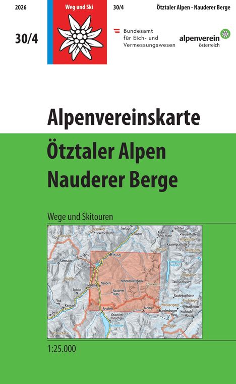 Text: "Weg und Ski", "Alpenvereinskarte Ötztaler Alpen Nauderer Berge", "Wege und Skitouren", "1:25.000". 

Oben sind Logos zu sehen. Darunter eine Landkarte mit Bergen und Wegen.