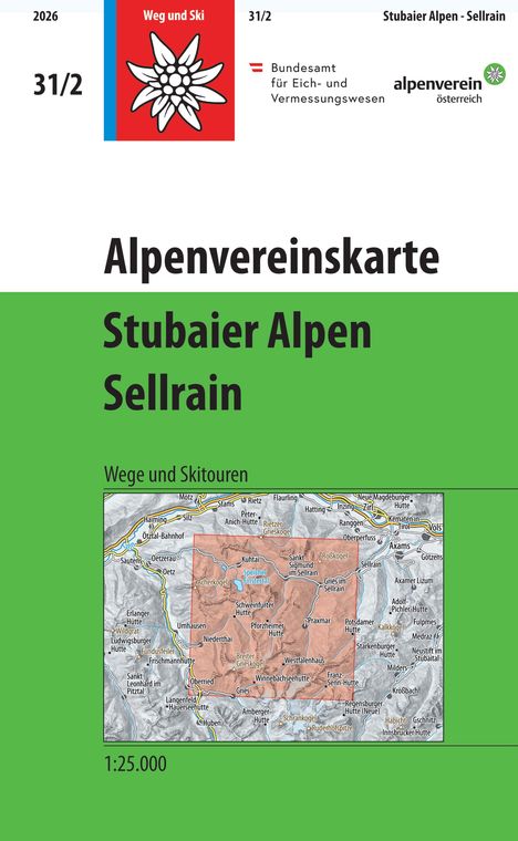 Alpenvereinskarte Stubaier Alpen Sellrain, Wege und Skitouren, Maßstab 1:25.000, zeigt Landkarte.