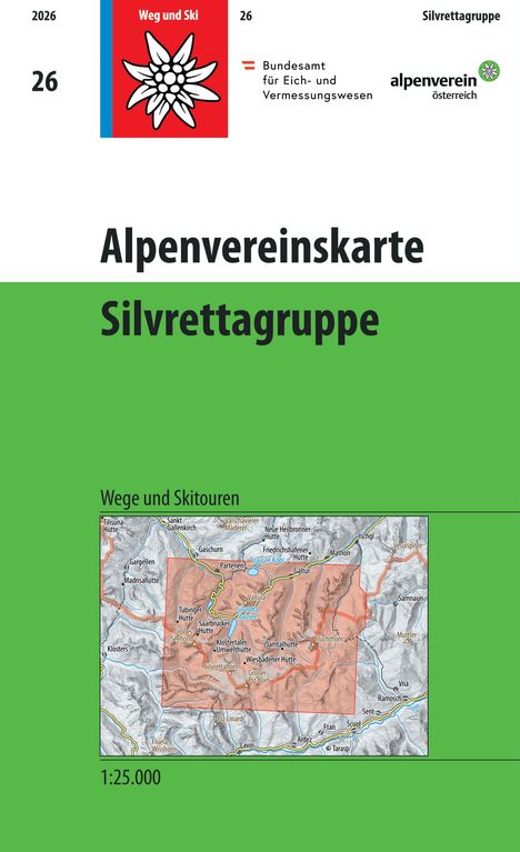 Alpenvereinskarte Silvrettagruppe, Wege und Skitouren, Maßstab 1:25.000. Logos: Bundesamt für Eich- und Vermessungswesen, Alpenverein.