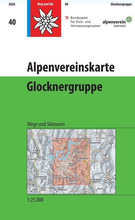 Alpenvereinskarte Glocknergruppe, Wege und Skitouren, Maßstab 1:25.000, Bundesamt für Eich- und Vermessungswesen, Karte.