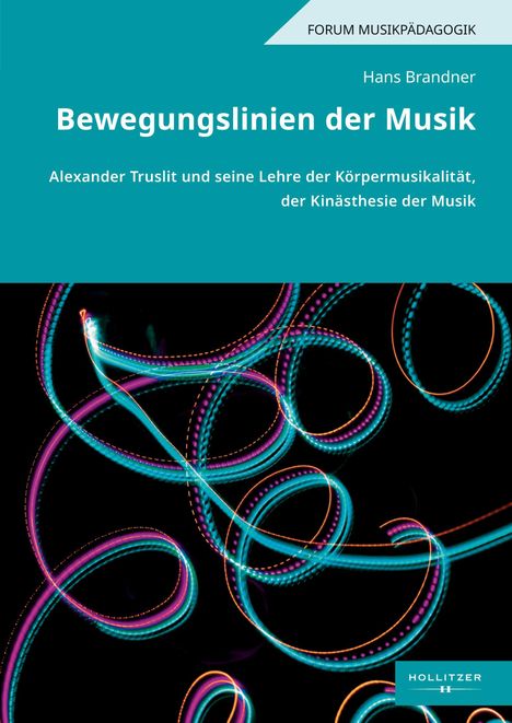 "Bewegungslinien der Musik" von Hans Brandner, bunte Lichtlinien auf schwarzem Hintergrund, Logo von Hollitzer.