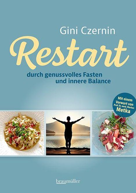 "Restart" von Gini Czernin, über Fasten und Balance. Bild von Essen und einer Person vor Sonnenuntergang. Vorwort von Markus Metka.