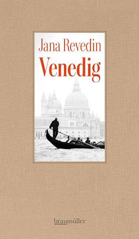 "Jana Revedin Venedig" steht zentral. Darunter ein Bild von Gondeln und einer Kuppel, umgeben von einem hellbraunen Hintergrund.