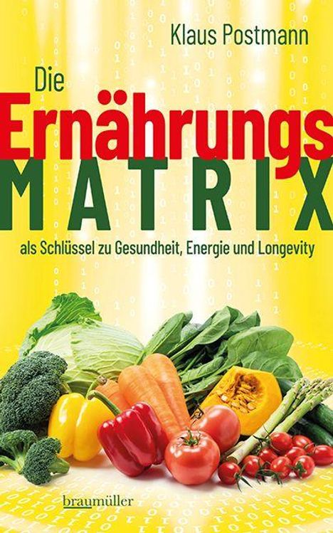 "Die Ernährungs-Matrix: als Schlüssel zu Gesundheit, Energie und Longevity." Bunte Auswahl an Gemüse auf gelbem Hintergrund.