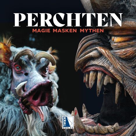 „PERCHTEN“ in Weiß, „MAGIE MASKEN MYTHEN“ in Rot; zwei furchterregende Masken, links mit Schweinezähnen, rechts mit großen Zähnen.