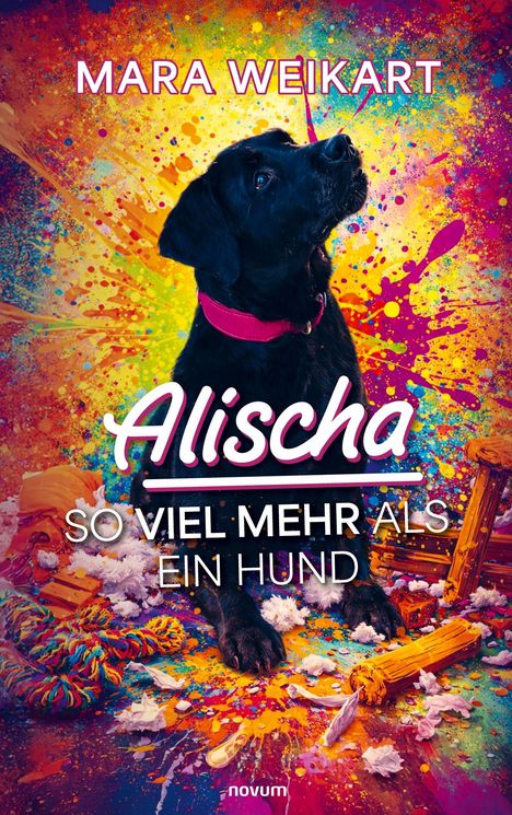 Titel: „Alischa - So viel mehr als ein Hund“. Farbiger Hintergrund, dunkler Hund mit rotem Halsband.