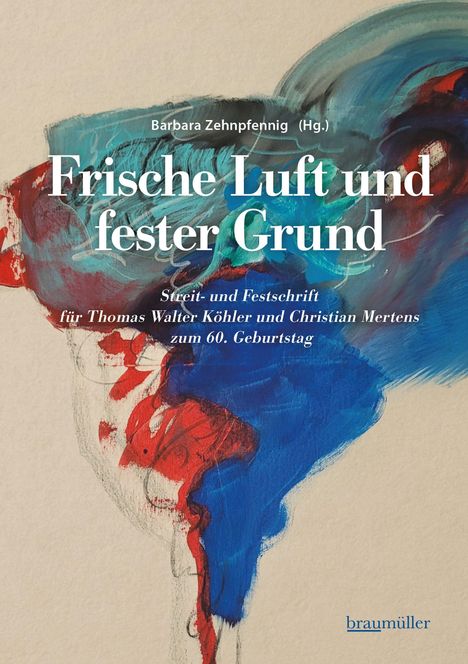 Text: Frische Luft und fester Grund. Illustration: Farbige Pinselstriche in Blau und Rot auf beigem Hintergrund.