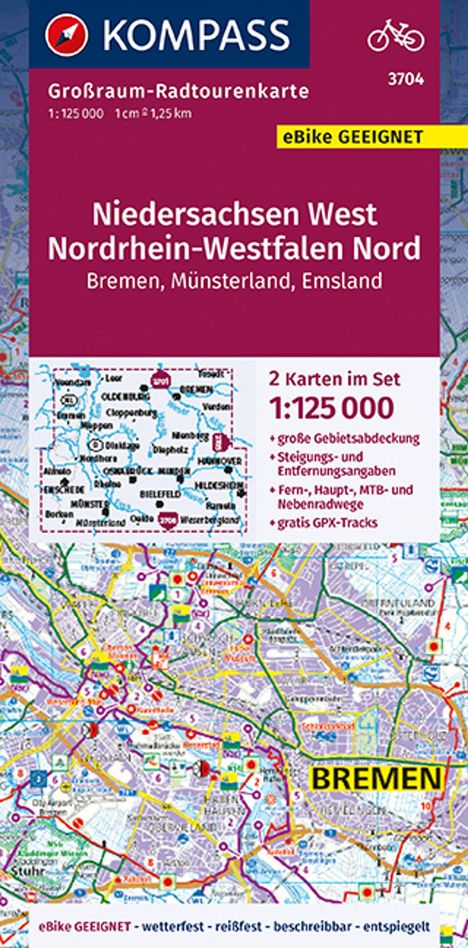 KOMPASS Großraum-Radtourenkarte 3704 Niedersachsen West, Nordrhein-Westfalen Nord 1:125.000, Karten