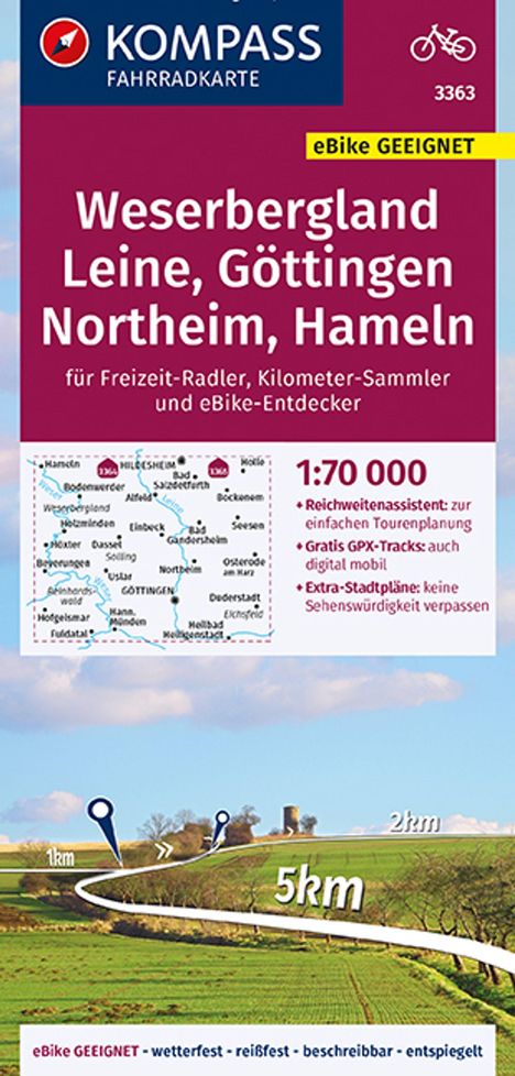 KOMPASS Fahrradkarte 3363 Weserbergland, Leine, Göttingen, Northeim, Hameln 1:70.000, Karten
